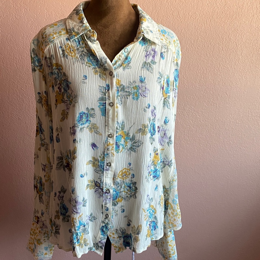 FP Movement by Free People Floral Button-Down Shirt - Blue, Yellow, Purple